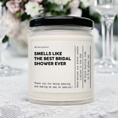 Personalized Bridal Shower Hostess Thank You Gift | Hostess Gift for Women | Shower Favor for Her Surprise and delight your hostess with the Personalized Bridal Shower Hostess Thank You Gift--a custom soy candle that says, "Smells like the best bridal shower ever," with the option to add your own heartfelt message. Perfect as a Hostess Gift for Women, Bridal Shower Favor, or Thank You Gift for Her, this candle adds a personal touch that will make her feel truly appreciated. Order now and give th Bridal Shower Hostess Gifts From Bride, Gifts For Hostess, Shower Hostess Gifts, Crafts With Glass Jars, Bridal Shower Favor, Clear Glass Jars, Shower Bebe, Soft Floral, Jar Crafts