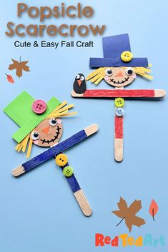 popsicle scarecrows made out of clothes pins and paper with the words cut & easy fall craft