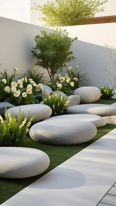 an outdoor garden with white rocks and plants