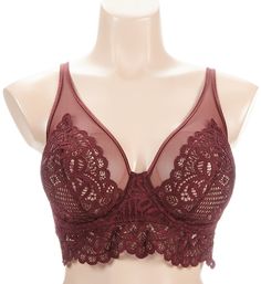 Thoroughly seductive and gorgeous bra with fine lace and mesh and a strappy back. Multipart underwire cup is sheer lace with a slightly angled seam and fine mesh lining for comfort. Plunging apex neckline with mesh above the cups and sewn-on elastic edges to keep fit in place. Soft sewn-on elastic underband at bottom of front holds cups close to you. Center - arched center panel. Wide stretch lace band is sewn onto bottom of bra for longline styling. Sides and back are fine supportive mesh with Lace Underbust Bra With Lace Closure, Underbust Bra With Lace Closure, Underwire Bra With Lace Bodice, Elegant Underwire Bra With Lace Bodice, Underbust Lace Bra, Elegant Mesh Bra With Padded Cups, Lace Push-up Bra With Lace Closure, Lace Underbust Bra With Padded Cups, Lace Bra With Removable Pads And Underbust