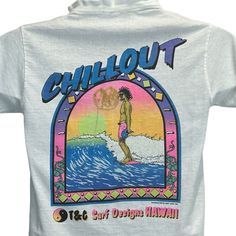 "T&C Surf Designs Chill Out Vintage 80s T Shirt 1987 Surfer Surfing Surfboarding Surfboarder Hawaiian Town & Country White Fun Tees Single Stitch Made In USA Graphic Tee Condition: Has holes, collar is stretched, has spots, and a cat was drawn on the graphic. Tag is a Small but I feel it measures more similar to a modern X-Small. Check measurements to ensure fit. See photos. Size and Measurements: Mens/Unisex XS X-Small Extra Small Width 16.5\" - Underarm to underarm Length 25.5\" - Measure from top of shoulder at the edge of collar to the bottom of the shirt" 80s Surfer Style, Vintage White T-shirt For Surfing, 90s Graphic Print Surfing Tops, 90s Graphic Print Tops For Surfing, 80s T Shirts, Town And Country Surf, Designs T Shirt, Surfing Graphic, Surfing Hawaii