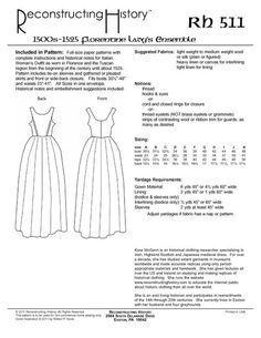 RH511 - 1500s-1525 Florentine Woman's Outfit Outfit Sewing Pattern, Gown Sewing Pattern, Tudor Fashion, Gown Pattern, Tudor Style, Medieval Clothing, Ladies Gown, Historical Costume, Dress Sewing Pattern