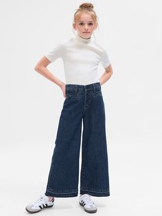 Kids High Rise Stride Wide-Leg Ankle Jeans Faux Snap, Spring Capsule, Water Saving, Jeans Dark Wash, Jeans Button, Gap Kids, Ankle Jeans, Girls Jeans, Recycled Cotton