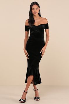 Slip into the Lulus How Much I Care Black Velvet Off-the-Shoulder Midi Dress and dance the night away! Soft and stretchy velvet shapes this stunning dress that features a sweetheart neckline (with hidden no-slip strips) and a darted bodice, framed by short off-the-shoulder sleeves. High, fitted waist tops a figure-flattering midi skirt with a trumpet silhouette and a ruffled, high-low hem. Fit: This garment fits true to size. Length: Mid-calf length. Size medium measures 47.5" from top to bottom Trumpet Silhouette, High Low Midi Dress, Velvet Midi Dress, Prom Dress Shopping, Adhesive Bra, Formal Dresses For Women, Handmade Dresses, Strapless Bra, I Care