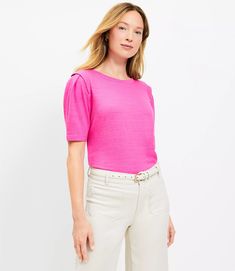 37079376 Pleated Sleeves, Petite Tops, Knit Tees, Petite Size, Soft Knits, Fabric Care, Effortless Style, Sweater Top, Loft