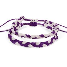 Hand woven bracelets in your favorite team colors! Sea, sun, snow, sweat and shower safe. Adjustable, one size fits most. Guys wear 'em, too Adjustable Purple Braided Bracelets For The Beach, Casual White Adjustable Braided Bracelets, White Braided Casual Jewelry, Casual Adjustable White Braided Bracelet, Casual White Braided Jewelry, Adjustable Purple Beaded Bracelets Casual Style, Adjustable Casual Purple Beaded Bracelets, Adjustable White Sports Jewelry, Casual Adjustable Purple Beaded Bracelets