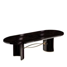 an oval table with black wood and metal legs