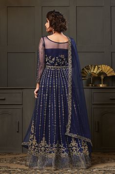 Dark Cobalt Blue Designer Heavy Embroidered Wedding Anarkali Gown-Saira's Boutique Navy Blue Anarkali, Wedding Anarkali, Asian Suits, Blue Anarkali, Indian Wedding Lehenga, Sangeet Outfit, Long Anarkali, Designer Anarkali Suits, Frock Style