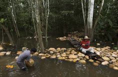 two men are working in the river with rocks and trees on either side of them