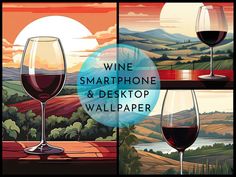 two wine glasses sitting on top of a table next to each other with the words wine smart phone and desktop wallpaper