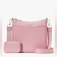 Beautiful Bright Carnation Pink Leather. Striped Crossbody Strap. North South, Script Logo, Metal Pins, Kate Spade Bags, Pink Leather, Kate Spade New York, Pebbled Leather, Front Open, Bags Handbags