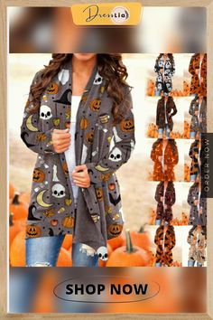 New Trend Halloween Women's Coat Digital Printing Loose Long-sleeved Sweater Casual Cardigan Fall Costume Party Long Sleeve Tops, Long Sleeve Tops For Costume Party, Fall, Long Sleeve Tops For Costume Party In Fall, Casual Long Sleeve Halloween Cardigan, Halloween Long Sleeve Cardigan, Spooky Long Sleeve Tops For Fall, Orange Long Sleeve Halloween Sweater, Haunted Bathroom, Witch Wardrobe