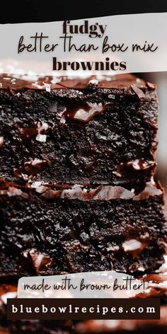 there is a piece of brownie on the plate with text overlay that reads, juicy better than box mix brownies made with brown butter