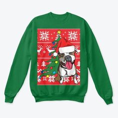 Bulldog Christmas from UGLY CHRISTMAS SWEATER SHOP This custom design features cute bulldog wearing a Santa hat with a Christmas tree, snowflakes, and reindeer incorporated into a festive holiday pattern. It's perfect for ugly Christmas sweater parties and as a gift for dog lovers.  Show off your holiday spirit with this unisex bulldog Christmas crewneck sweatshirt- available in multiple colors (blue, red, green etc.) and sizes. Bulldog Christmas, Cute Bulldogs, Xmas Sweater