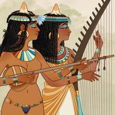 two women dressed in native american clothing and holding a musical instrument, both wearing headdress