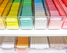 the shelves are filled with different colored file folders