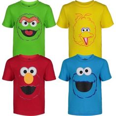 three t - shirts with different colored sesame characters on them