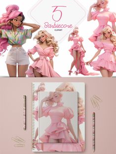 barbie dolls are shown in pink and white with the caption's name below them