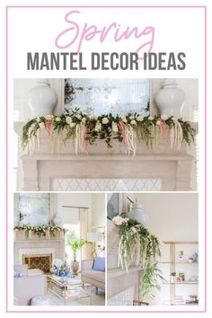 a white fireplace with flowers and greenery on the mantel, in front of it is