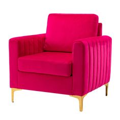 a bright pink chair with gold legs on a white background