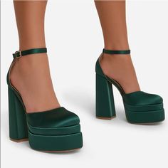 I Love The Shoes!!!! Unfortunately I Ordered A Wrong Size :( Green Chunky Platform Heels With Closed Toe, Green Platform Heels With Closed Toe, Green Platform Heels With Round Toe, Green High Heels, Green Platform, Ego Shoes, Closed Toe Heels, Cute Shoes Heels, Green Heels