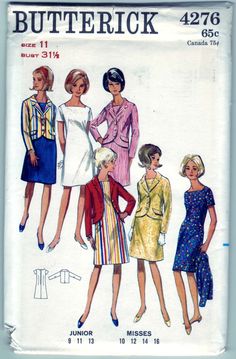 Vintage 1966 Butterick 4276 UNCUT   Cut-away jacket with notched collar has full-length sleeves and flap trim. A-line dress with high square neckline has short sleeves.   Size: 11 Bust: 31-1/2 Waist: 24-1/2 ins Hip: 33-1/2 ins  Printed pattern complete with instructions. Pieces are uncut and still in factory folds. Size 12 Body, 1960 Fashion, Dress And Jacket, Womens Sewing Patterns, Dress Jacket, Junior Dresses, One Piece Dress, One Piece For Women, Vintage Sewing Patterns