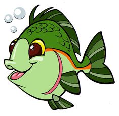 a green fish with bubbles floating around it's head and eyes, looking to its left