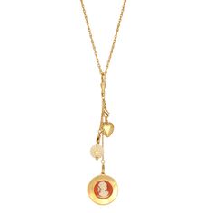 This vintage-inspired necklace features a trio of charms including a gold-toned heart, simulated pearl sphere and a round simulated carnelian and ivory-colored cameo locket pendant set on an etched gold tone frame. This beautiful necklace is a unique piece to own or gift. This vintage-inspired necklace features a trio of charms including a gold-toned heart, simulated pearl sphere and a round simulated carnelian and ivory-colored cameo locket pendant set on an etched gold tone frame. This beautif Unique Locket Necklace, Cameo Locket, Vintage Tattoo Art, Unique Locket, Wishlist 2024, 1928 Jewelry, Round Locket, Charms Necklace, Gold Jewelry Sets