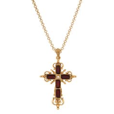 This magnificent pendant necklace features a Royal inspired filigree cross accented with European octagon crystals & one tiny clear crystal at the center and dangles elegantly from a rolo chain with 3" extension chain. Available In Rose Pink & Garnet Red Measurements: 18"L x 2.8"H x 1.7"W 3-Inch Extension Chain Lobster Clasp Closure Symbols Of Faith Jewelry Symbols Of Faith is an inspirational line of faith oriented jewelry and gifts. The collection is proudly designed and made in the U.S.A. Thi Spiritual Cross Pendant Necklace For Formal Occasions, Formal Spiritual Crucifix Jewelry, Jeweled Cross Jewelry Gift, Jeweled Cross Jewelry For Gifts, Cross-shaped Jeweled Jewelry Gift, Cross-shaped Jeweled Jewelry For Gifts, Victorian Cross Jewelry As Gift, Victorian Cross Jewelry For Gifts, Spiritual Cross Necklace For Formal Occasions