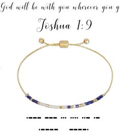 a gold bracelet with blue beads on it and the words, god will be with you wherever