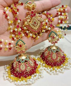 Accessorise with a bit of colour and the latest fashion Stunning statement new in Nauratan Jhumkey Earrings with Stunning Saharey and Tikka Set in Gold Finishing in Various Colours Statement Accessory Item to bling up any outfit to wear at any special occasion Jhumka And Tikka Set, Eid Jewellery, Mehndi Wedding, Bridal Mehndi, Jewellery Accessories, Jewelry Earrings Dangle, Latest Fashion, Porter, Dangle Drop Earrings