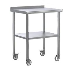 a stainless steel table with two wheels on each side and a shelf for the top