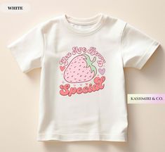 Toddlers will look adorable in this "YOU ARE BERRY SPECIAL" youth short sleeve tee. This lightweight side-seamed shirt maximizes comfort all day long.  Strawberry Toddler Tee, Berry Special Baby Shirt, Valentines Day Shirt, Retro T-Shirt, Natural Summer Hearts Love TShirt, Birthday Gift 🌟100% Airlume combed and ringspun cotton (fiber content may vary for different colors) 🌟Light fabric (3.9 oz/yd² (132 g/m 🌟Retail fit RETURNS: All products are made-to-order and because of the nature of these Cute Birthday T-shirt With Cartoon Print, White Casual T-shirt With Cute Design, Casual White T-shirt With Cute Design, Sweet Graphic Print Birthday T-shirt, Sweet Pink T-shirt With Cartoon Print, Sweet Cartoon Print Short Sleeve Tops, Cute Cartoon Print T-shirt, Cute Short Sleeve T-shirt With Letter Print, Unisex Pink T-shirt For Birthday