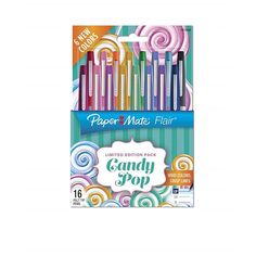 the candy pop paper mate hair markers are set in a box with colorful swirls