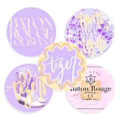 four stickers with different designs and words in purple, pink, yellow and white