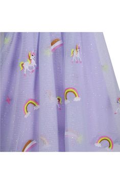 Unicorn and rainbow embroidery meet flecks of glitter in this mesh dress for baby paired with coordinating bloomers for a complete look. Includes coordinating bloomers Back keyhole with button-and-loop closure 70-denier mesh Lined 100% polyester Hand wash, line dry Imported Multicolor Tulle Skirt Summer Dresses, Summer Rainbow Tulle Dress, Rainbow Tulle Dress For Spring, Spring Rainbow Tulle Dress, Whimsical Rainbow Dresses For Spring, Whimsical Summer Rainbow Dress, Spring Unicorn Print Dress-up Dresses, Unicorn And Rainbow, Rainbow Embroidery