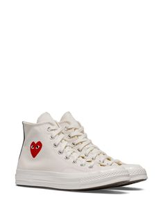 White high-top sneaker with COMME DES GARÇONS PLAY logo in canvas with logo, white rubber sole and toe. This item is in size 9 and the color is High-top Leather Canvas Shoes With White Sole, Casual High-top Canvas Sneakers With White Sole, Casual Canvas High-top Sneakers, Casual High-top Canvas Sneakers, High-top Canvas Sneakers With Contrast Sole, High-top Canvas Shoes With Contrast Sole, Canvas High-top Sneakers With Vulcanized Sole, Canvas High-top Sneakers With Gum Sole, Canvas High-top Sneakers With Vulcanized Sole For Streetwear