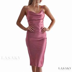 Lasaky - Luxurious Long Dress for Women Spaghetti Strap Dress With Shirt Under, Strap Dress With Shirt Under, Spaghetti Strap Dress Outfit, Long Spaghetti Strap Dress, Strap Dress Outfit, Pink Midi Skirt, Pink Satin Dress, Pink Midi, Satin Cocktail Dress