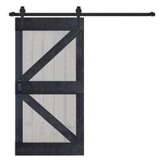 an open barn door with metal bars on the top and bottom, against a white background