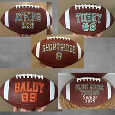 four different photos of a football with the names of each team and numbers on it