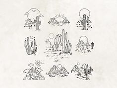 a bunch of cactus plants that are in the desert with mountains and sun behind them