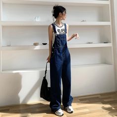 Olivia Mark - High-Waisted Loose Fit Wide Leg Denim Overalls Dark Denim Overalls Outfit, Dark Blue Overalls Outfit, Jeans With Suspenders For Women, Jeans Jumpsuit Outfit, Y2k Jumpsuit, Dark Blue Overalls, Jean Jumpsuit Outfit, Denim Romper Outfit, Thrifted Aesthetic