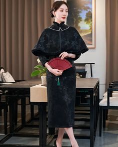 Long Sleeved Shawl Chinese Dress Cheongsam - Weqipao Winter Evening Dress With Stand Collar, Banquet Ao Dai With Stand Collar, Traditional Evening Cheongsam, Wedding Cheongsam With Stand Collar, Cheongsam Long Sleeve, Festive Elegant Long Sleeve Cheongsam, Wedding Long Sleeve Fitted Cheongsam, Chinese Dress Cheongsam, Elegant Long Sleeve Cheongsam