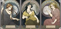 three art nouveau style paintings of women sitting in front of a full moon and holding scissors