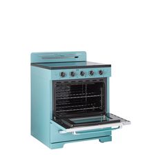 a blue stove with two burners and one oven door open on an isolated white background