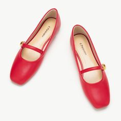 Red Mary Jane shoes with a single stripe button Square Toe Flats, Leather Mary Jane Flats, Mary Jane Shoes Flat, Heel Grips, Red Flats, Womens Mary Janes, Women Flats, Mary Jane Shoes Womens, Womens Ballet Flats