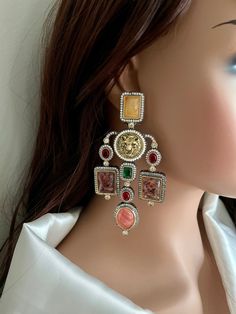 Sabyasachi Inspired Long earrings with multicolor doublet stones in prong & bezel setting, cubic zirconia all around. Victorian finish designer statement earrings. You get what you see. Picture is of original piece. 💥Super Trendy 💥Statement Earrings 💥Size: 4"  💥Earrings Closure: push back and clip back screws for comfortable fit.  ✅Check other styles available in our store  https://www.etsy.com/shop/KKsCulture 👉🏻Send us an email if you need help! ✅ Contact Us: +1 (732) 325-2222 4 Earrings, Lion Earrings, Cocktail Earrings, Earrings Indian, Pakistani Jewelry, Wedding Jewelry Earrings, Earrings Long, Fit Check, Wedding Earrings