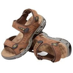 OutPro men's leather sandals are made of high-quality First layer embossed nubuck leather and stretch fabric material, which is breathable and skin-friendly. The open toe leather sandals have 3 adjustable velcro straps with hook and loop closure for easy on and off. The openings toe allow for better air circulation to keep your feet comfortableThe beach shoes is heel strap adjusts quickly and fully for the perfect fit. The ergonomic arch support relieves the pressure on the soles of the feet and Breathable Leather Sandals For Summer, Summer Breathable Leather Sandals, Leather Sport Sandals For Outdoor Activities, Non-slip Brown Sandals For Outdoor Activities, Brown Non-slip Sandals For Outdoor Activities, Casual Leather Sport Sandals For Outdoor, Brown Non-slip Sandals For Outdoors, Comfortable Brown Sandals For Outdoor Activities, Durable Leather Sport Sandals For Outdoor