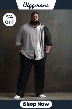 Elevate your style game with our Biggmans Plus Size Black & White Striped Shirt! This sophisticated piece features a classic black and white striped pattern paired with a contrasting gray panel, making it perfect for any formal occasion. Get 5% off on your first order by shopping now at Biggmans! #plusizefashion #mensuits #formalwear #bigandtall #businessattire #plusizeshirts #plusizesuits Big And Tall Black Men Fashion, All Black Formal Outfits, Tall Black Men, Men's Business Outfits, Black Men Fashion Casual, Costume Parties