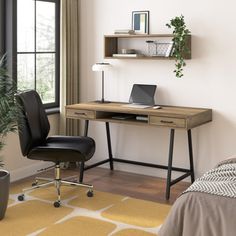 a bedroom with a desk and chair in it